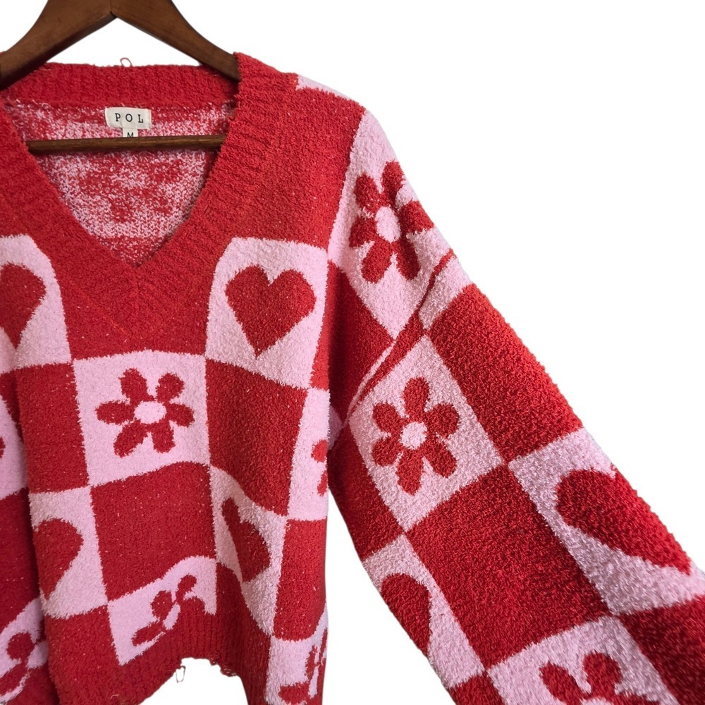 POL Heart & Floral Checkered V-Neck Sweater Medium Coquette - Picture 5 of 14